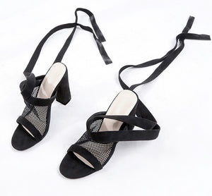 Women Sandals Bandage Flock Cross Strap Lace Up High Heels Sandal - PUREFASHION