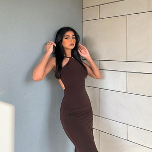 Solid Color Halter Sleeveless Halterneck Dress Long Dress - PUREFASHION