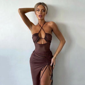 Y2K Halter Glam Lace-Up Dress - PUREFASHION