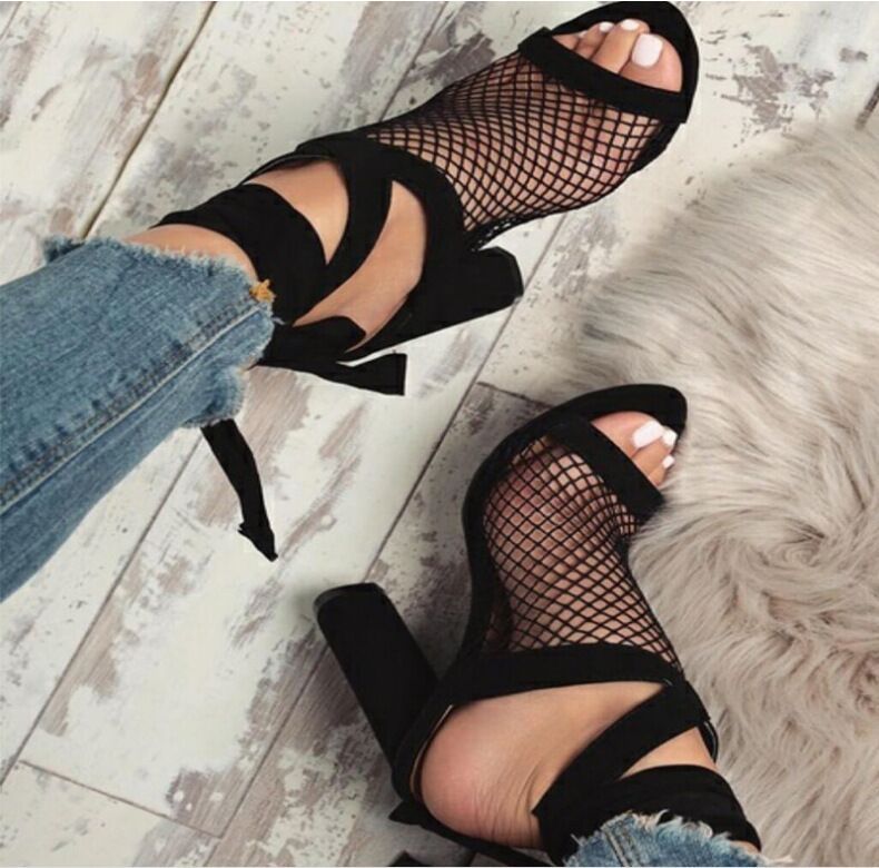 Women Sandals Bandage Flock Cross Strap Lace Up High Heels Sandal - PUREFASHION