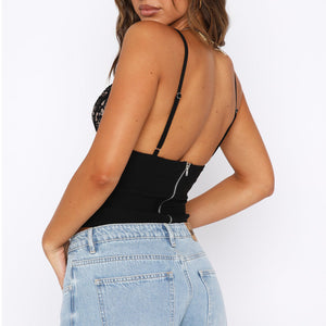 Women's V-neck Camisole Lace Vest With Back Zipper Design Summer Slim Sleeveless Tops - PUREFASHION
